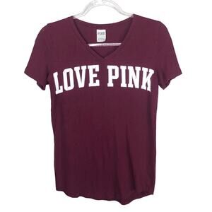 Y2k Varsity PINK Victoria’s Secret Maroon V-Neck Logo Tee XS